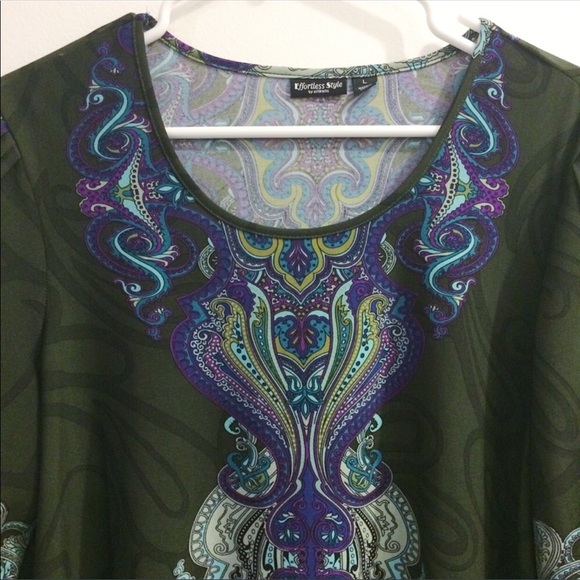 Boho chic bell sleeve peacock colored top size L - Picture 3 of 8